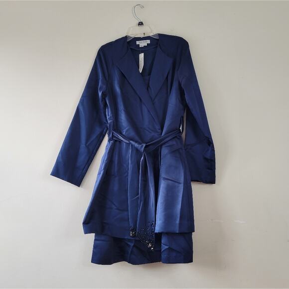 Kay Unger Longline Double Breasted Belted Jacket & Dress Set Navy Satin 14 - Picture 2 of 12